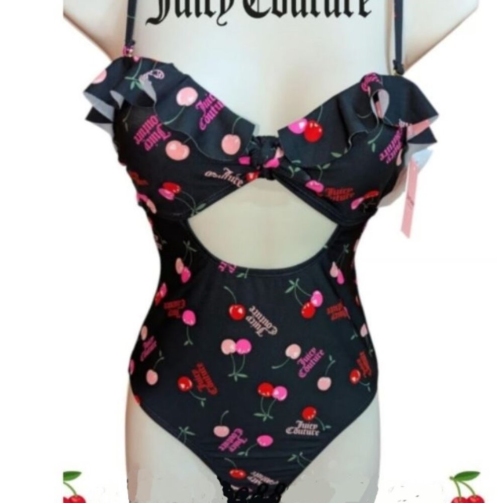 Juicy Couture Ruffle Cut Out Swimsuit One Piece Cherry Logo black NWT Size S new